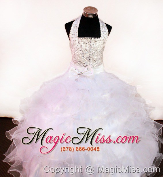 wholesale white beading and halter for little girl pageant dresses with organza and floor-length