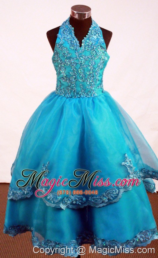 wholesale popular appliques decorate bodice a-line halter floor-length little girl pageant dress