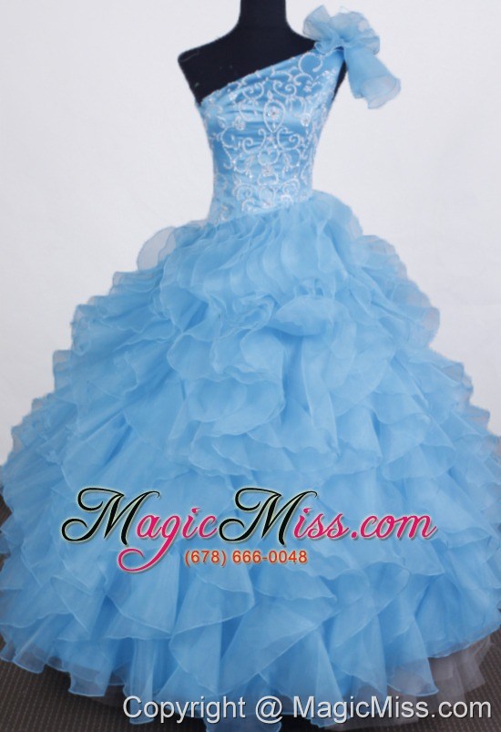 wholesale exclusive ball gown little girl pageant dress one shoulder floor-length aqua blue organza beading