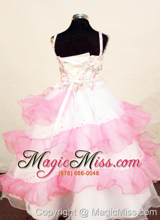 wholesale pretty pink and white little girl pageant dress beaded decorate with ruffled layeres organza