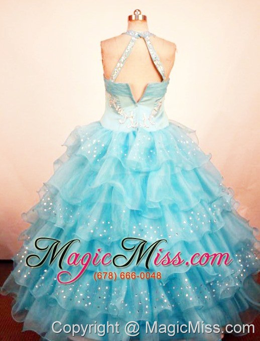 wholesale lovely ball gown little girl pageant dress ruffled layered halter with floor-length aqua blue organza