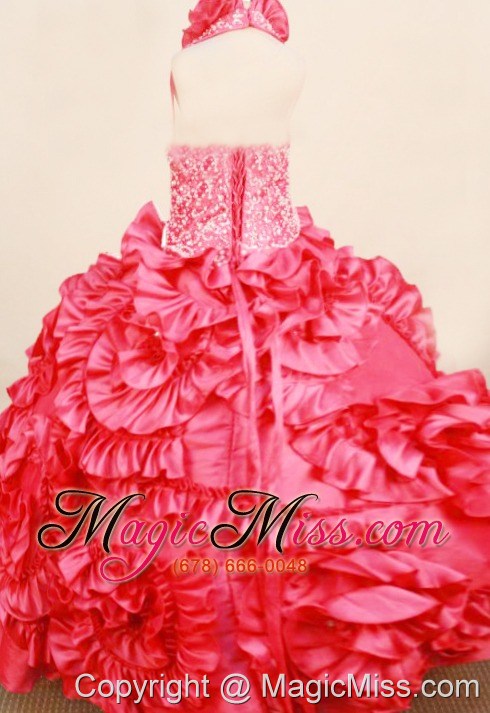 wholesale exquisite coral red little girl pageant dresses ball gown halter top neck floor-length