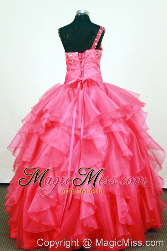 wholesale lovely beaded decorate bust one shoulder neck ruffled layeres coral red little girl pageant dresses