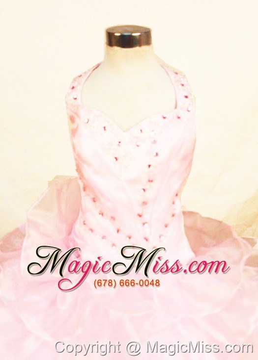 wholesale customize halter top baby pink organza beading little girl pageant dresses