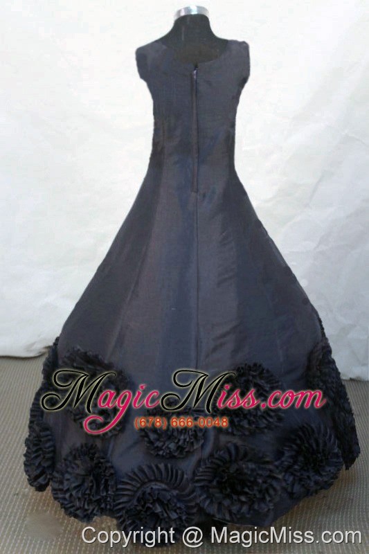 wholesale hand made flowers scoop floor-length black satin beading little girl pageant dresses