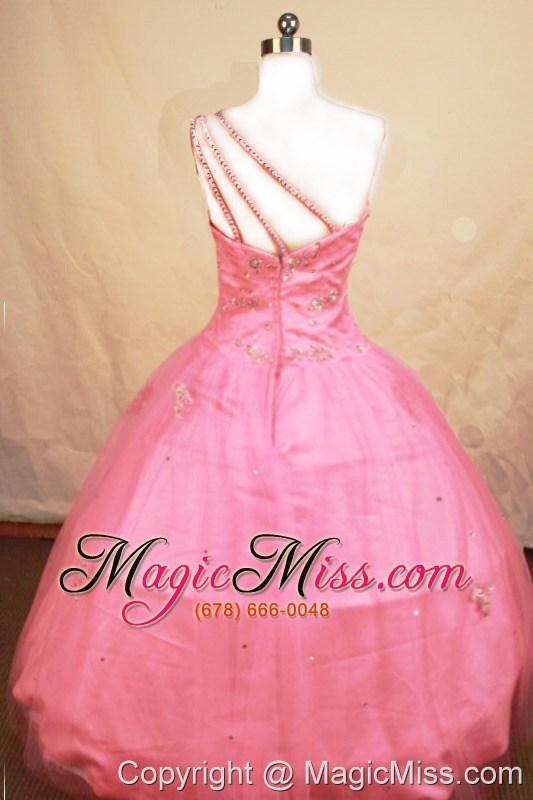 wholesale romantic ball gown one shoulder floor-length tulle pink beading little girl pageant dresses