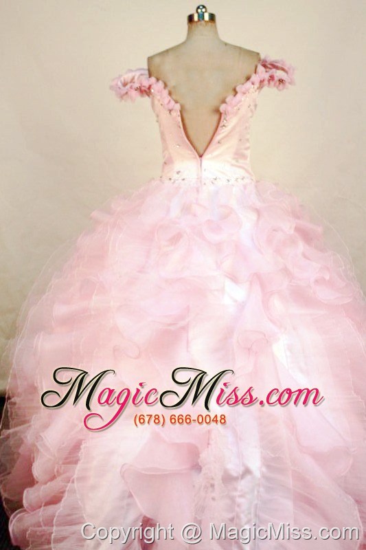 wholesale beading luxurious ball gown organza off the shoulder neck floor-length pink beading little girl pageant dresses