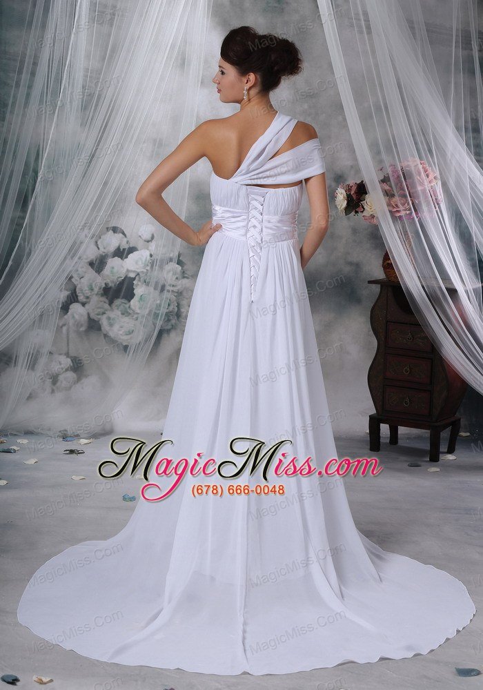 wholesale elegant column / sheath one shoulder court train ruched wedding dress