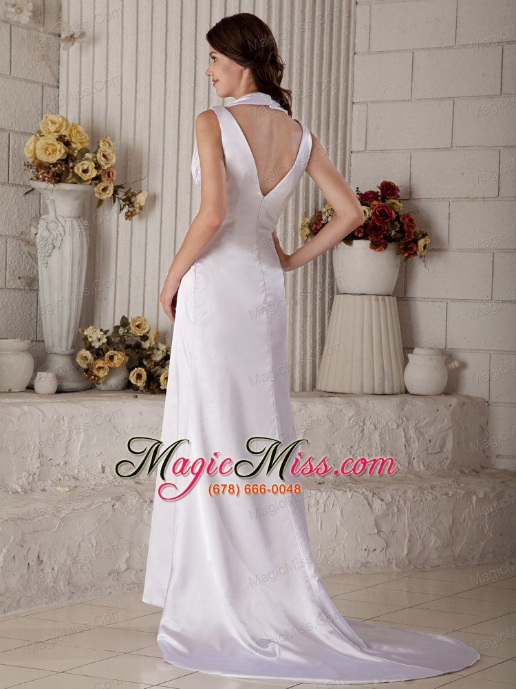 wholesale exclusive column halter brush train satin ruch and beading wedding dress