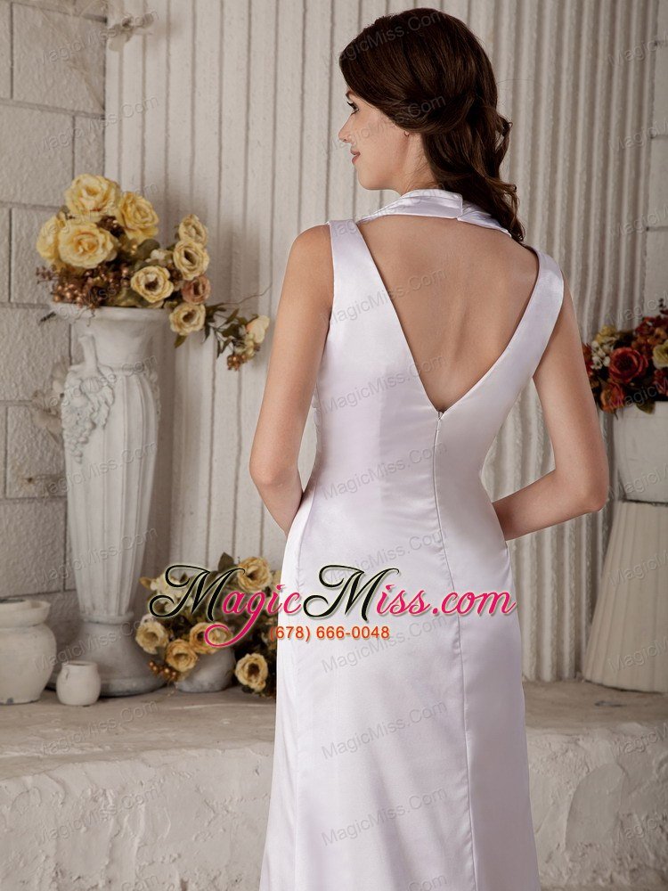 wholesale exclusive column halter brush train satin ruch and beading wedding dress