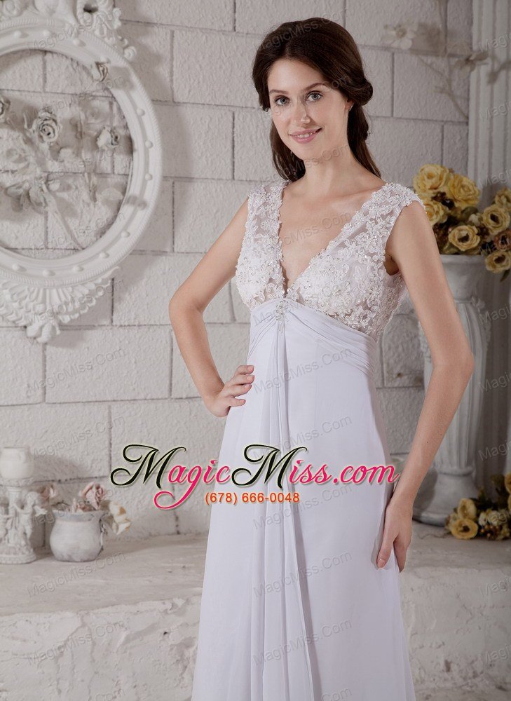 wholesale simple empire v-neck brush train chiffon lace wedding dress