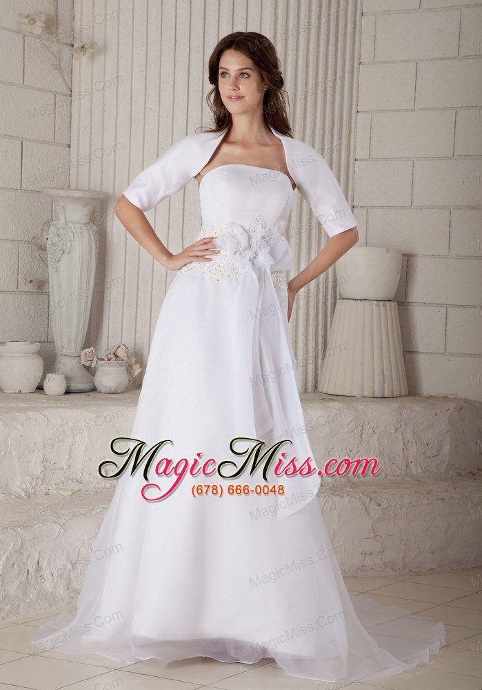 wholesale lovely column strapless court train organza hand made flowers and embroidery wedding dress