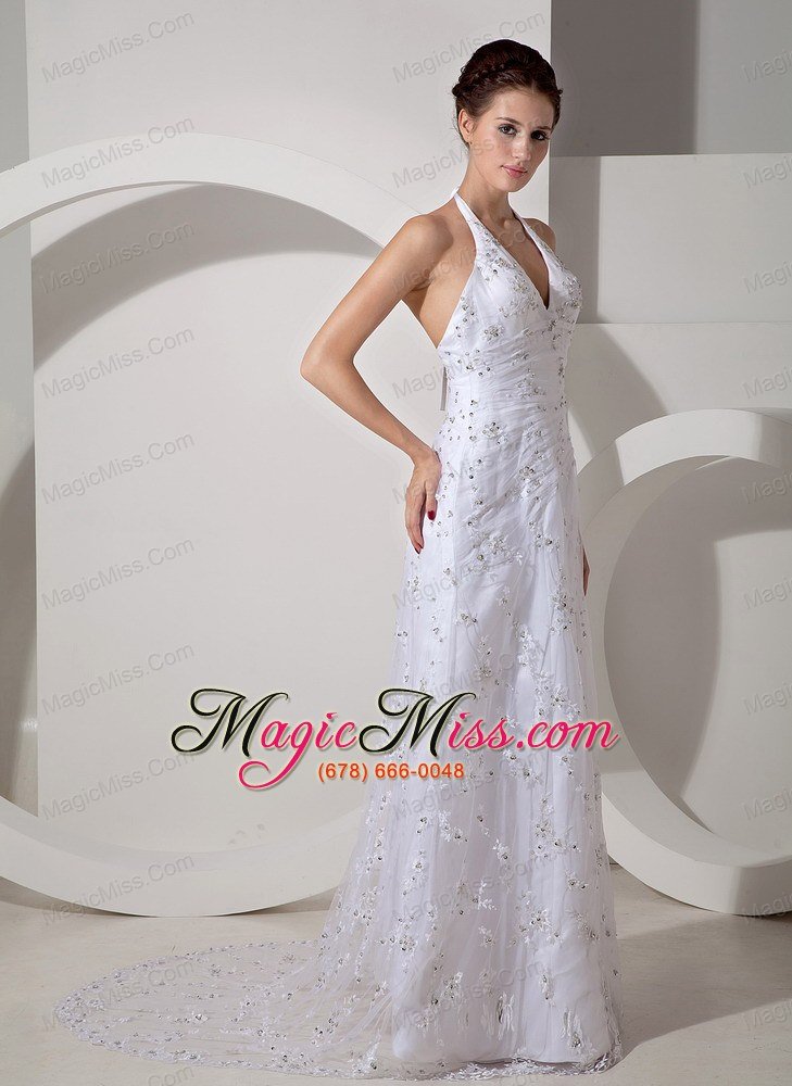 wholesale beautiful column halter court train lace ruch wedding dress