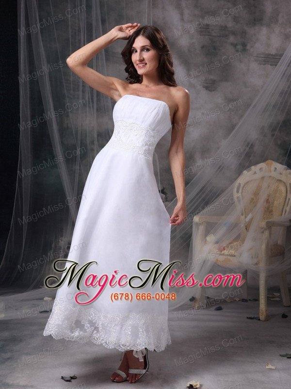 wholesale white column strapless tea-length satin beading and ruch wedding dress