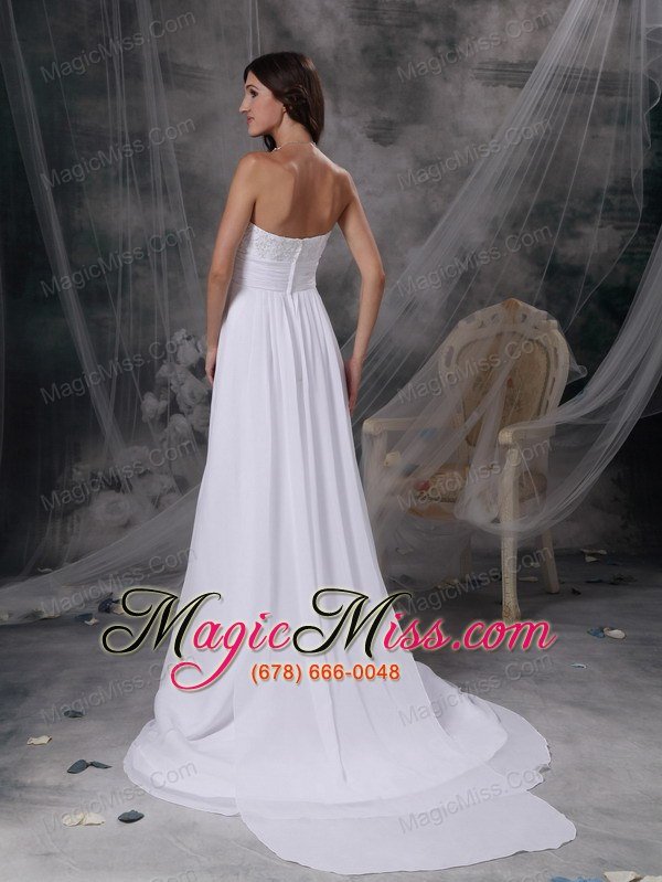 wholesale white empire strapless court train chiffon appliques and ruch wedding dress