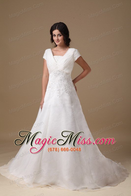 wholesale modest a-line v-neck court train organza and taffeta appliques wedding dress