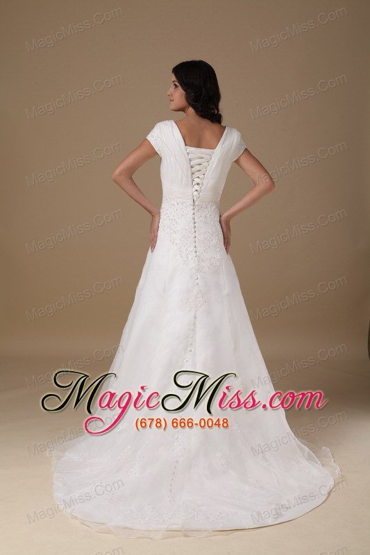 wholesale modest a-line v-neck court train organza and taffeta appliques wedding dress
