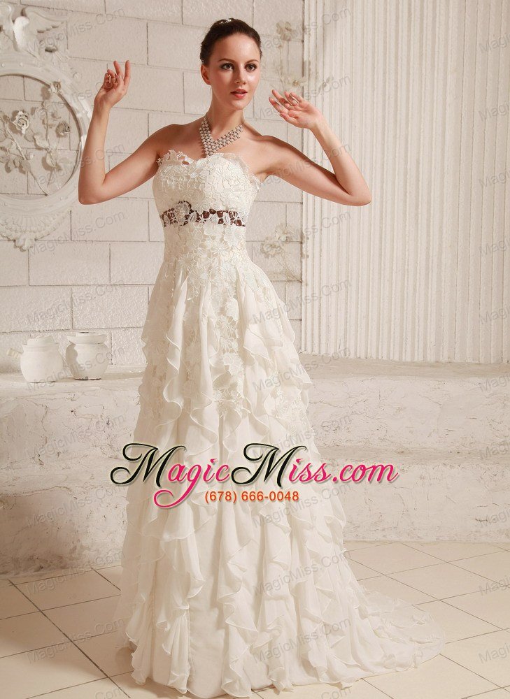wholesale lace and chiffon ruffled pretty a-line wedding dress with brush train