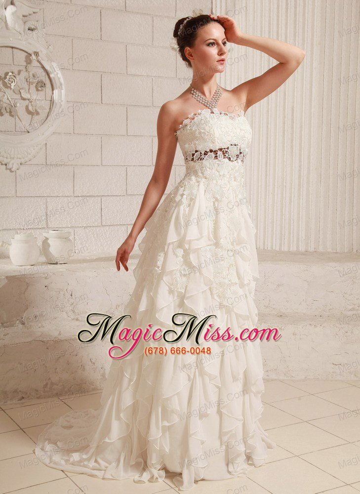wholesale lace and chiffon ruffled pretty a-line wedding dress with brush train