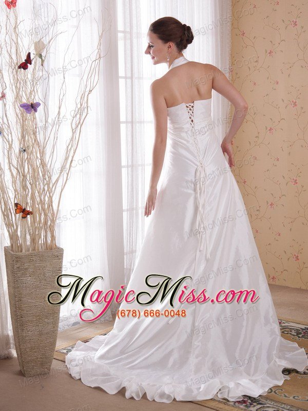 wholesale white a-line / princess halter brush ttrain taffeta rhinestones wedding dress