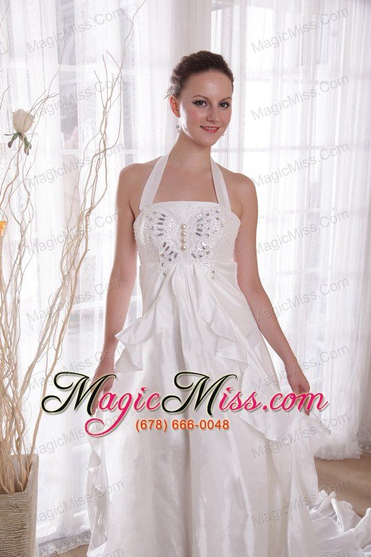 wholesale white a-line / princess halter brush ttrain taffeta rhinestones wedding dress