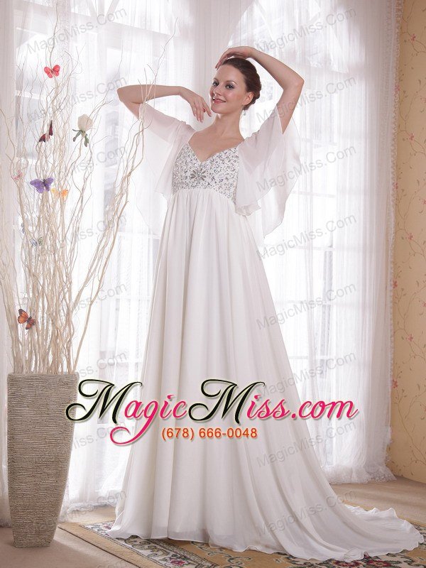 wholesale white a-line / princess v-neck court train chiffon beading mother of the bride dress