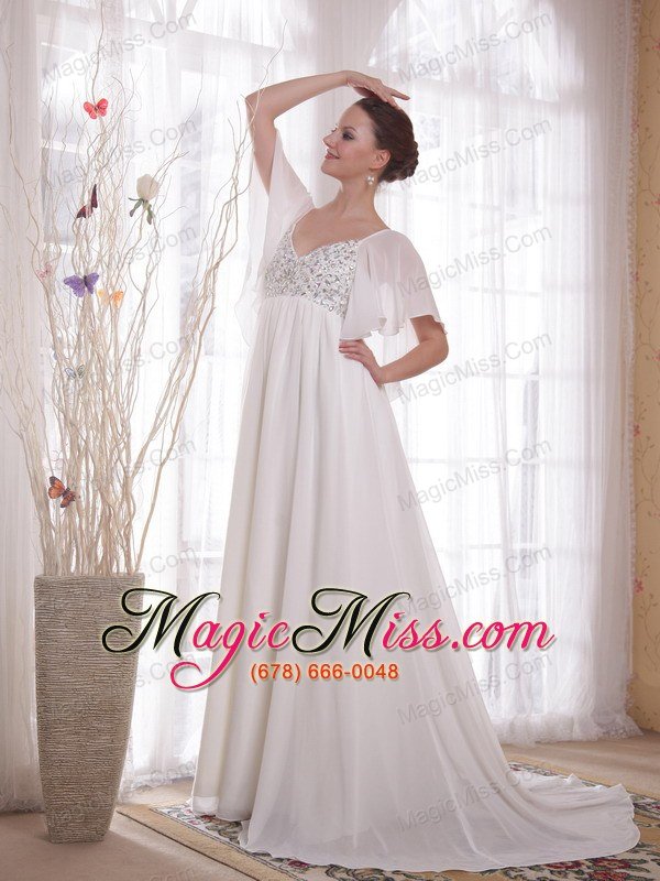 wholesale white a-line / princess v-neck court train chiffon beading mother of the bride dress