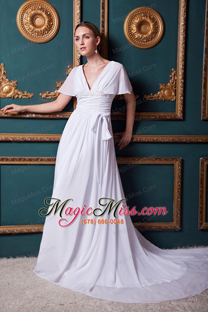 wholesale white empire v-neck court train chiffon appliques prom dress