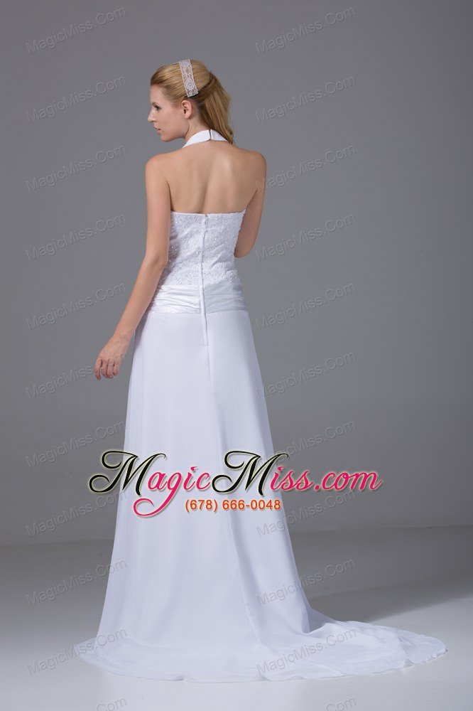 wholesale halter top column chiffon appliques and ruch wedding dress