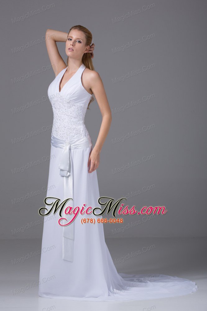 wholesale halter top column chiffon appliques and ruch wedding dress