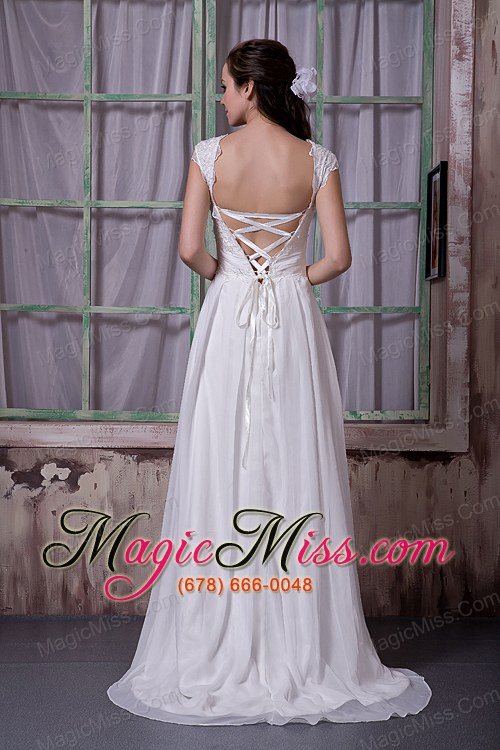 wholesale simple empire v-neck brush train chiffon appliques wedding dress
