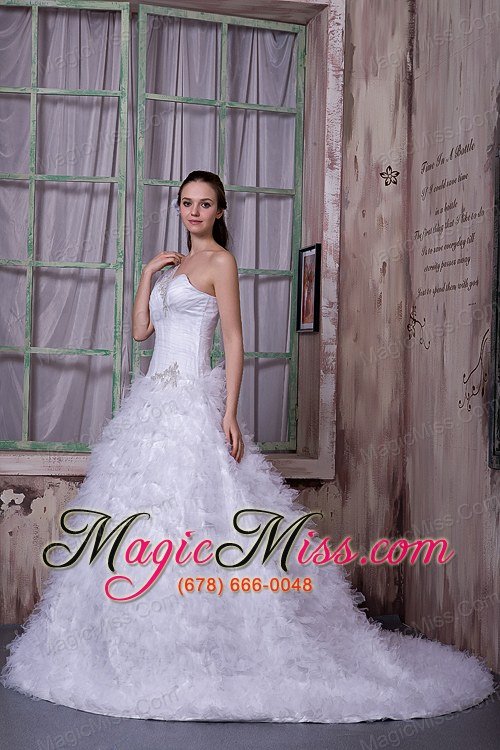 wholesale fashionable a-line one shoulder court train satin and tulle appliques wedding dress