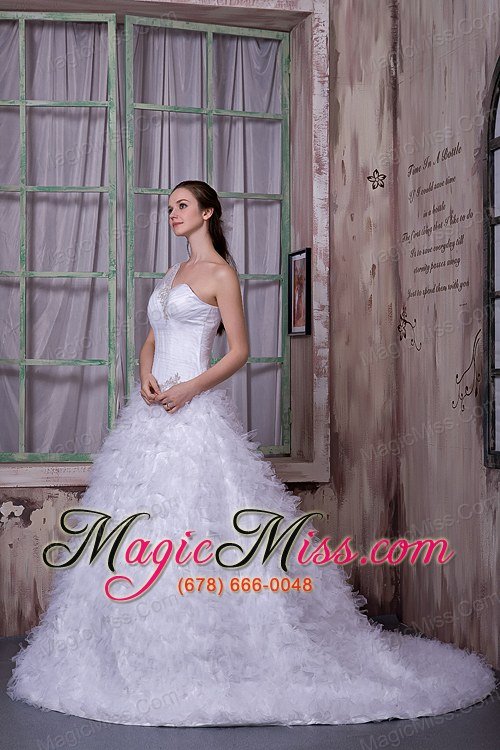 wholesale fashionable a-line one shoulder court train satin and tulle appliques wedding dress