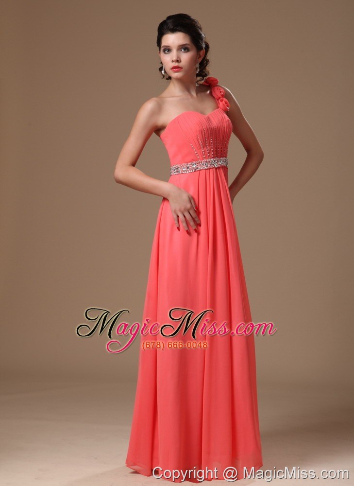 wholesale one shoulder watermelon beaded decorate waist chiffon hand made flowers prom gowns for custom made in 2013
