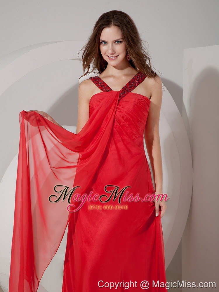 wholesale red empire v-neck floor-length chiffon beading prom dress