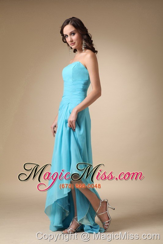 wholesale blue a-line strapless asymmetrical chiffon and elastic wove satin ruch prom dress