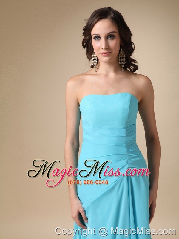 wholesale blue a-line strapless asymmetrical chiffon and elastic wove satin ruch prom dress