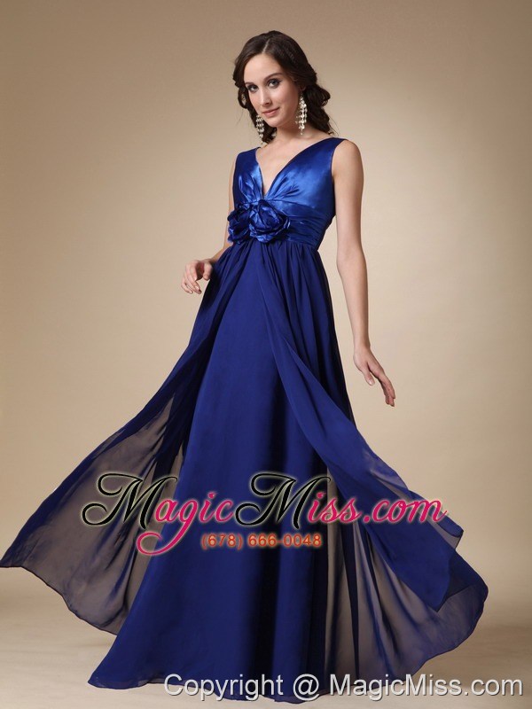 wholesale royal blue empire v-neck floor-length satin and chiffon hand made flower prom / evening dress