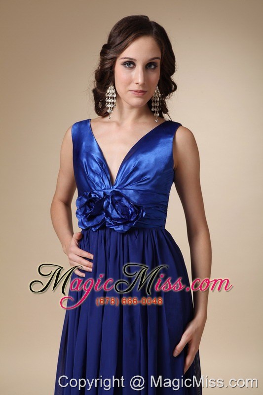wholesale royal blue empire v-neck floor-length satin and chiffon hand made flower prom / evening dress