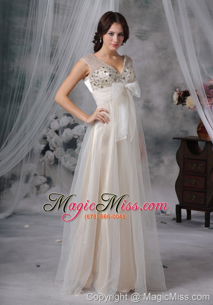 wholesale white empire v-neck floor-length organza beading prom dress