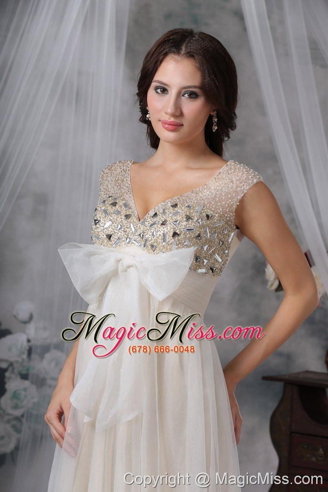 wholesale white empire v-neck floor-length organza beading prom dress