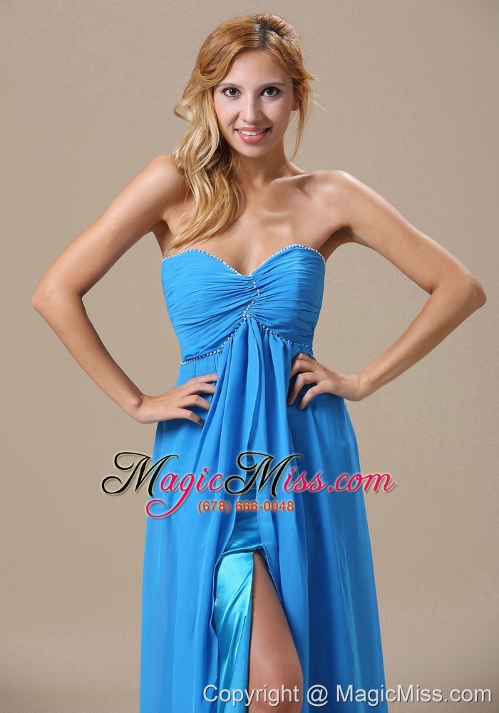 wholesale auburn hills beading and ruch decorate bust high slit ankle-length baby blue chiffon simple style 2013 prom / homecoming dress