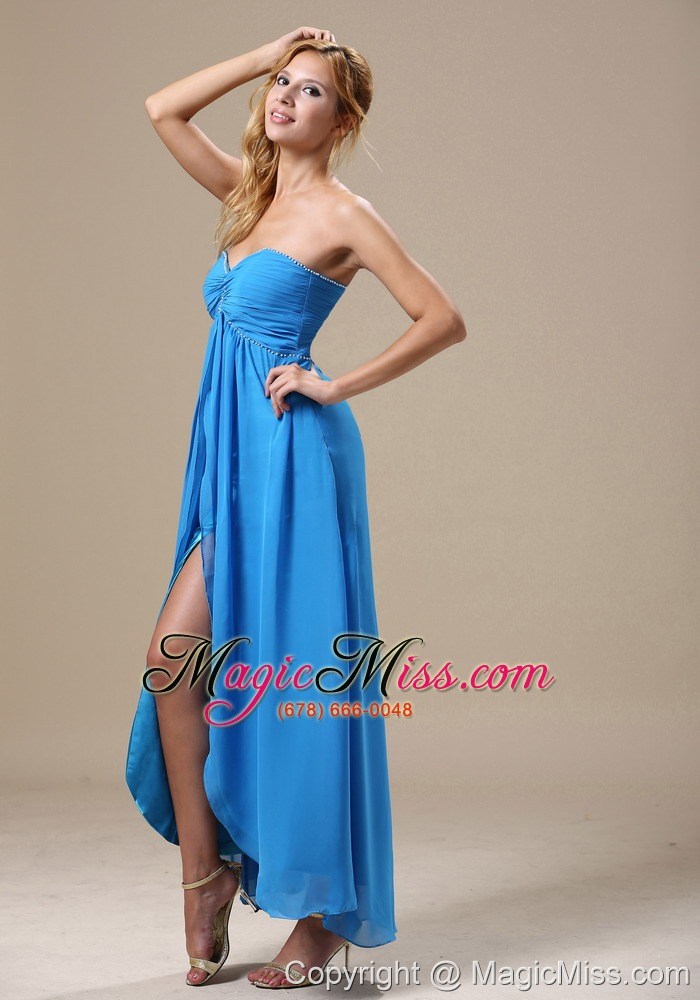 wholesale auburn hills beading and ruch decorate bust high slit ankle-length baby blue chiffon simple style 2013 prom / homecoming dress