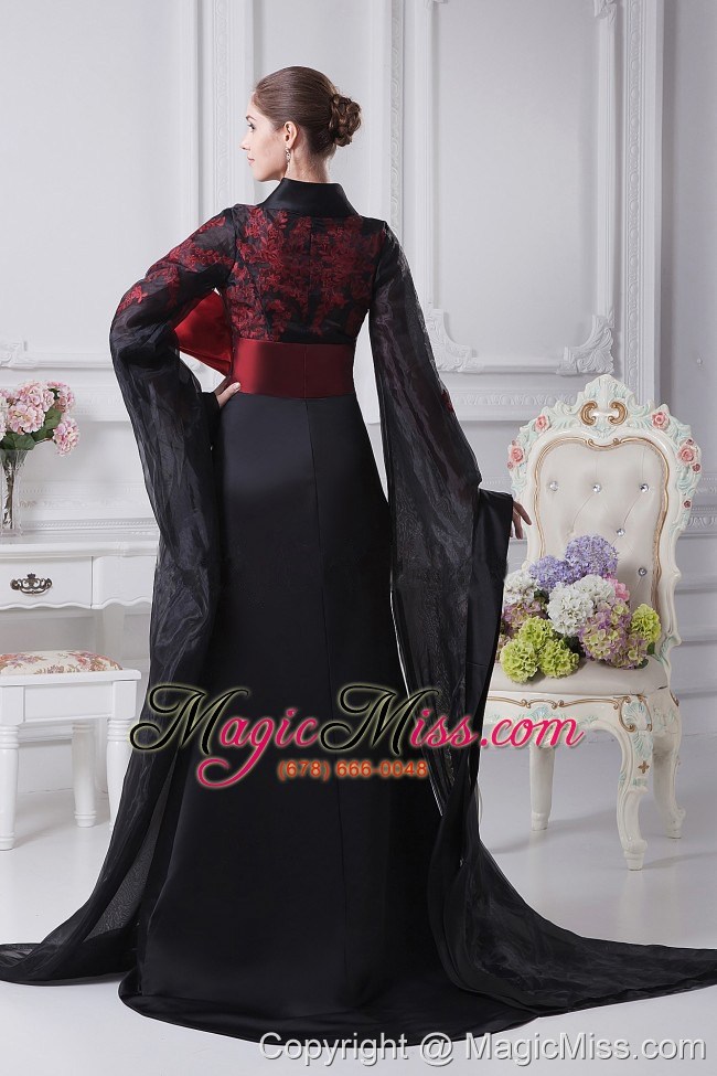 wholesale black organza high slit v-neck brush train 2013 prom dress long sleeves