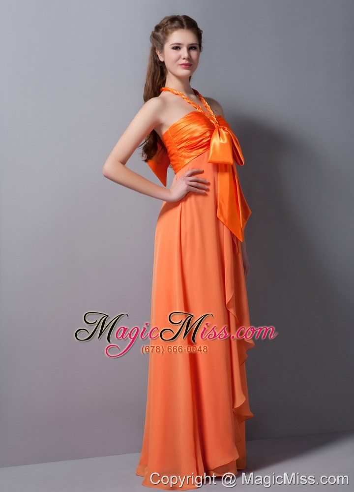 wholesale orange red empire halter floor-length taffeta and chiffon ruch prom dress