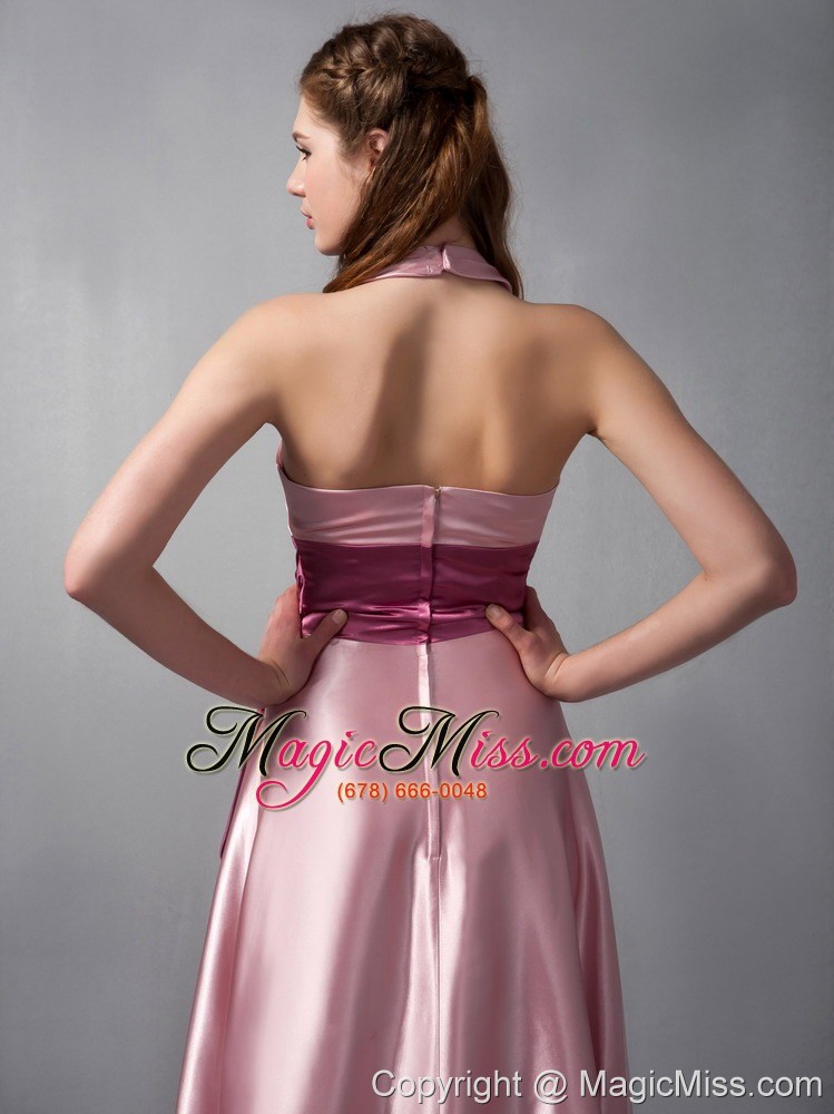 wholesale pink column v-neck floor-length elastic woven satin sash prom dress