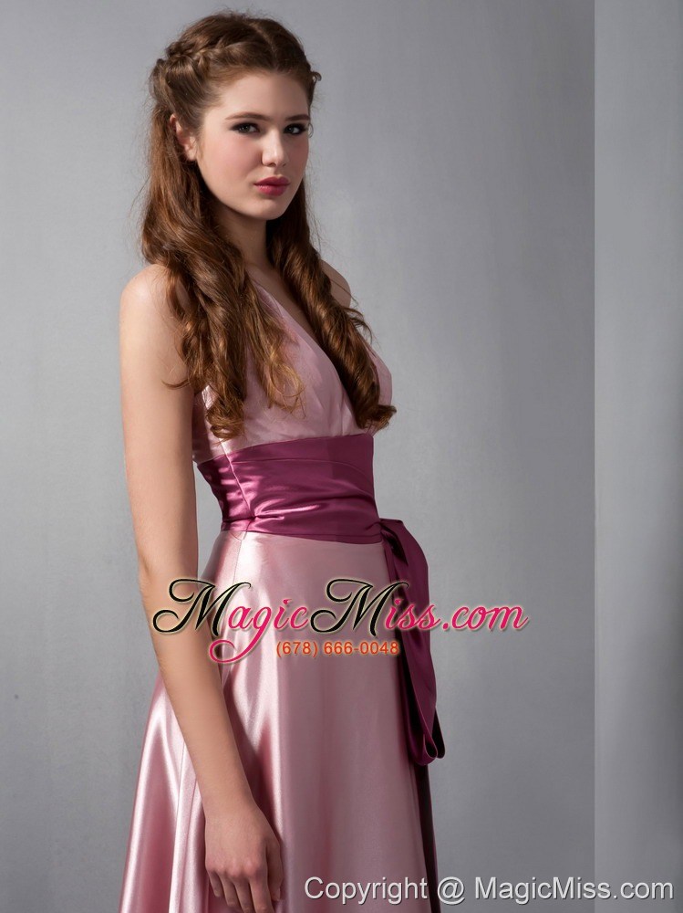 wholesale pink column v-neck floor-length elastic woven satin sash prom dress