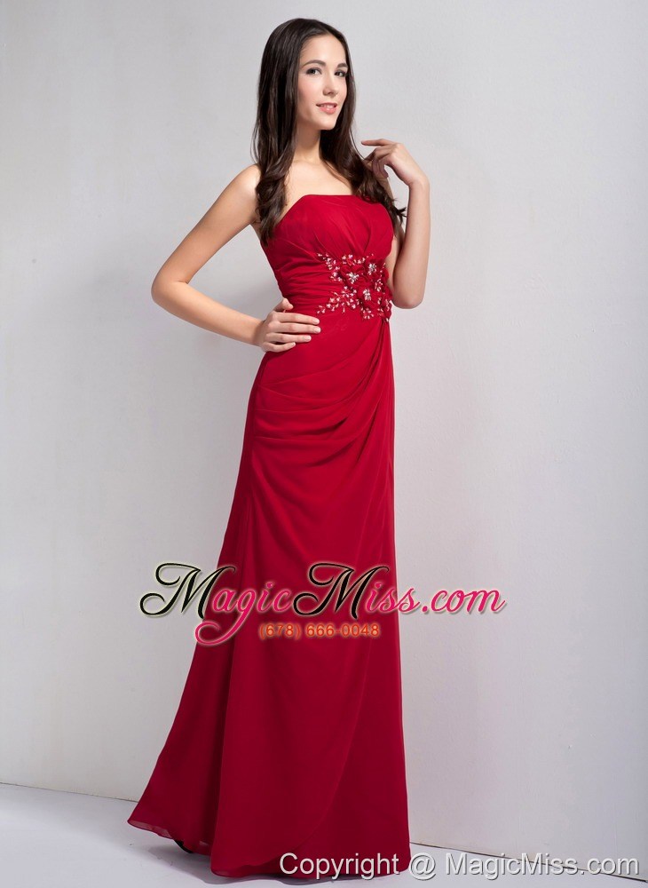 wholesale wine red empire strapless floor-legnth chiffon appliques with beading bridesmaid dress