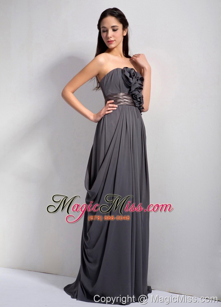 wholesale dark grey empire strapless floor-length chiffon hand made flowers bridesmaid dress
