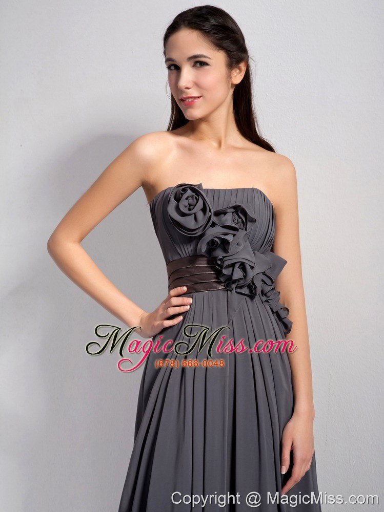 wholesale dark grey empire strapless floor-length chiffon hand made flowers bridesmaid dress